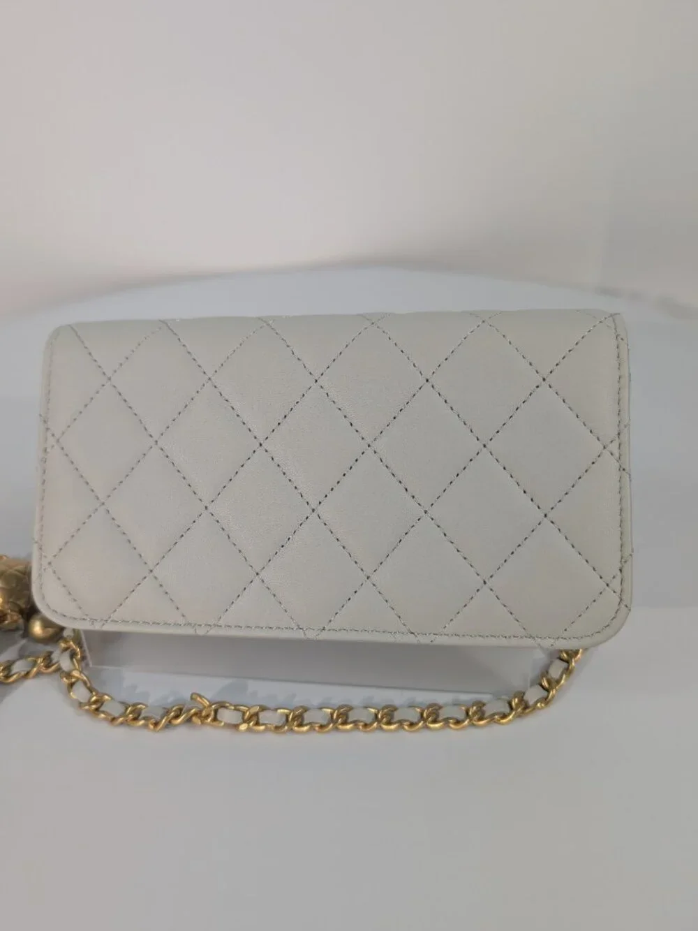 Chanel Light Grey Wallet on Chain (WOC) with Gold Charm